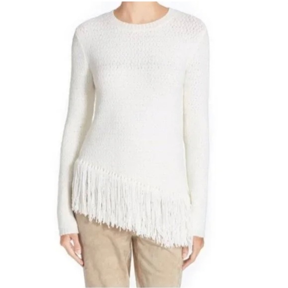 Theory Hudina Merino Wool‎ Blend Knit Asymmetrical Fringe Hem Sweater Size Small - Picture 1 of 7